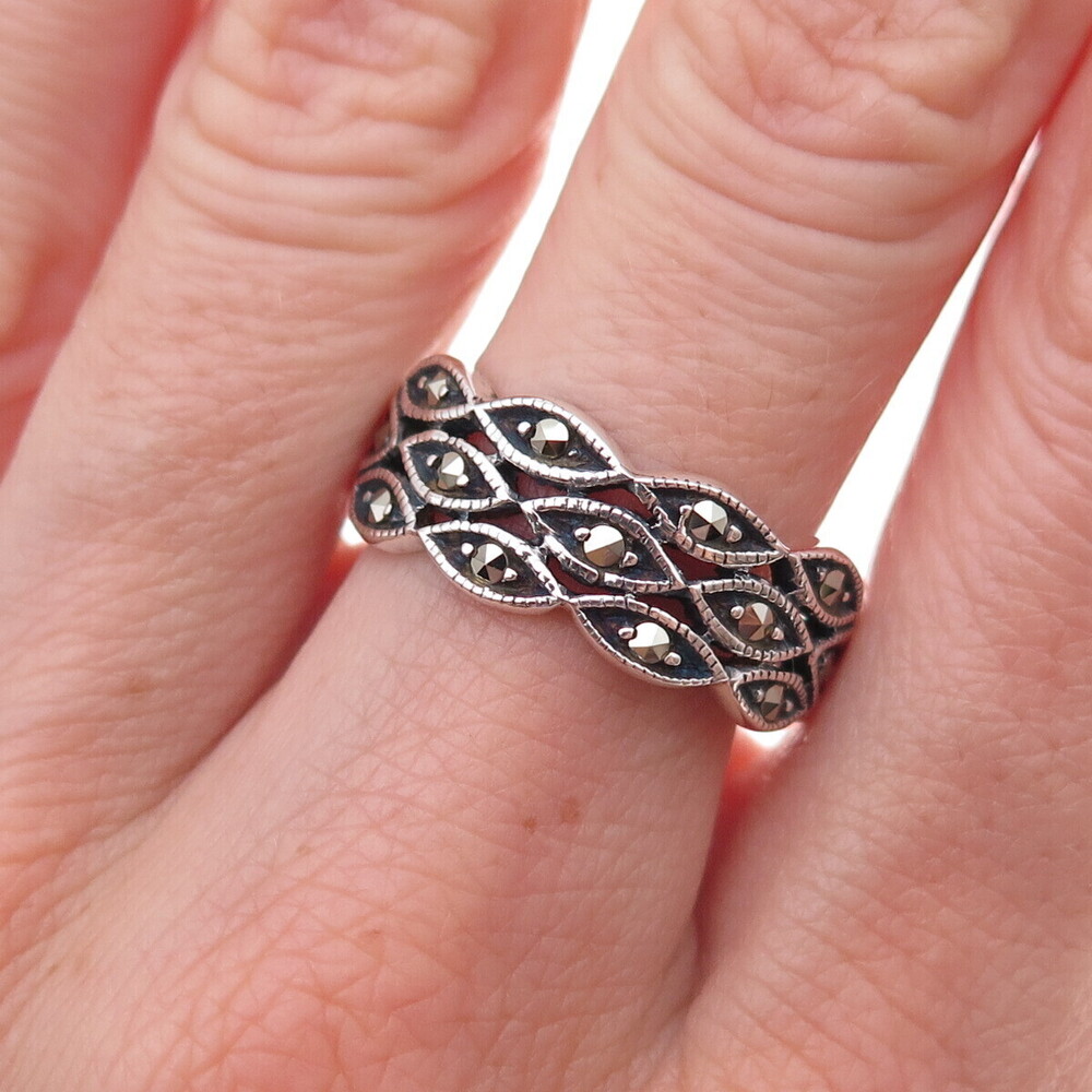 925 Sterling Silver Vintage Real Marcasite 3-Row Oxidized Ring Size 8